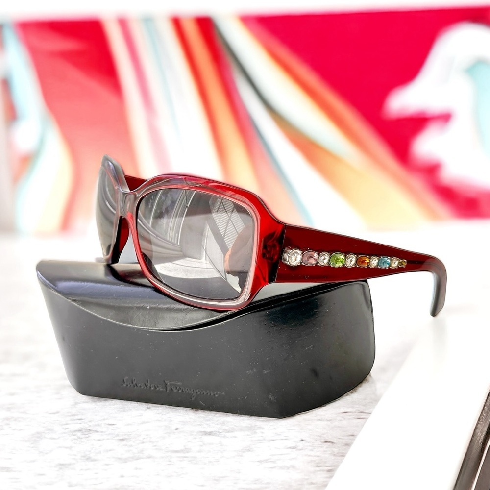 Vintage Y2K 90s Red Ferragamo Rhinestone Studded Sunglasses